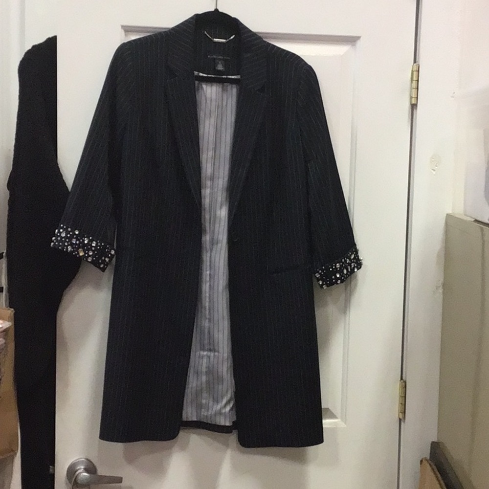 Black label by CHICOS- long blazer with embellished cuffs, navy stripes, size 1